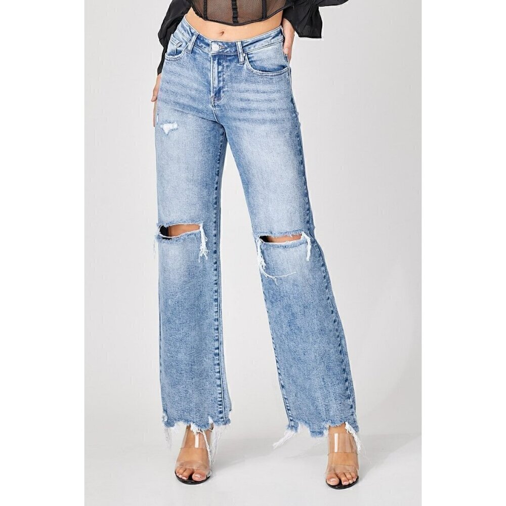 Risen High Rise Medium Acid Washed Wide Leg Jeans RDP5312 - Picture 3 of 8